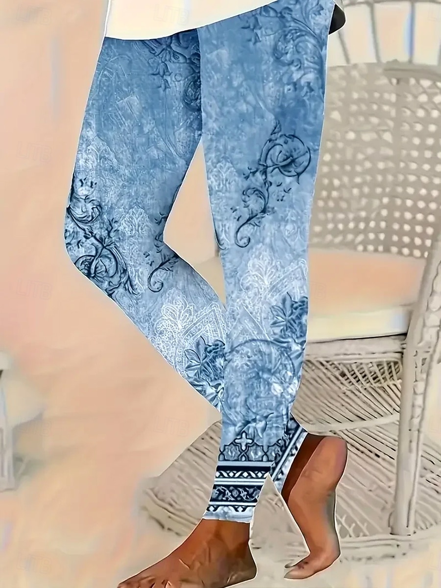 Women's Leggings Vacation Vintage Fashion Ankle-Length High Waist Floral Graphic Paisley Printing Soft Breathable High Elasticity Daily Outdoor Navy Light Blue Spring Fall Winter Slim Fit 2026 - $21.99 –P2