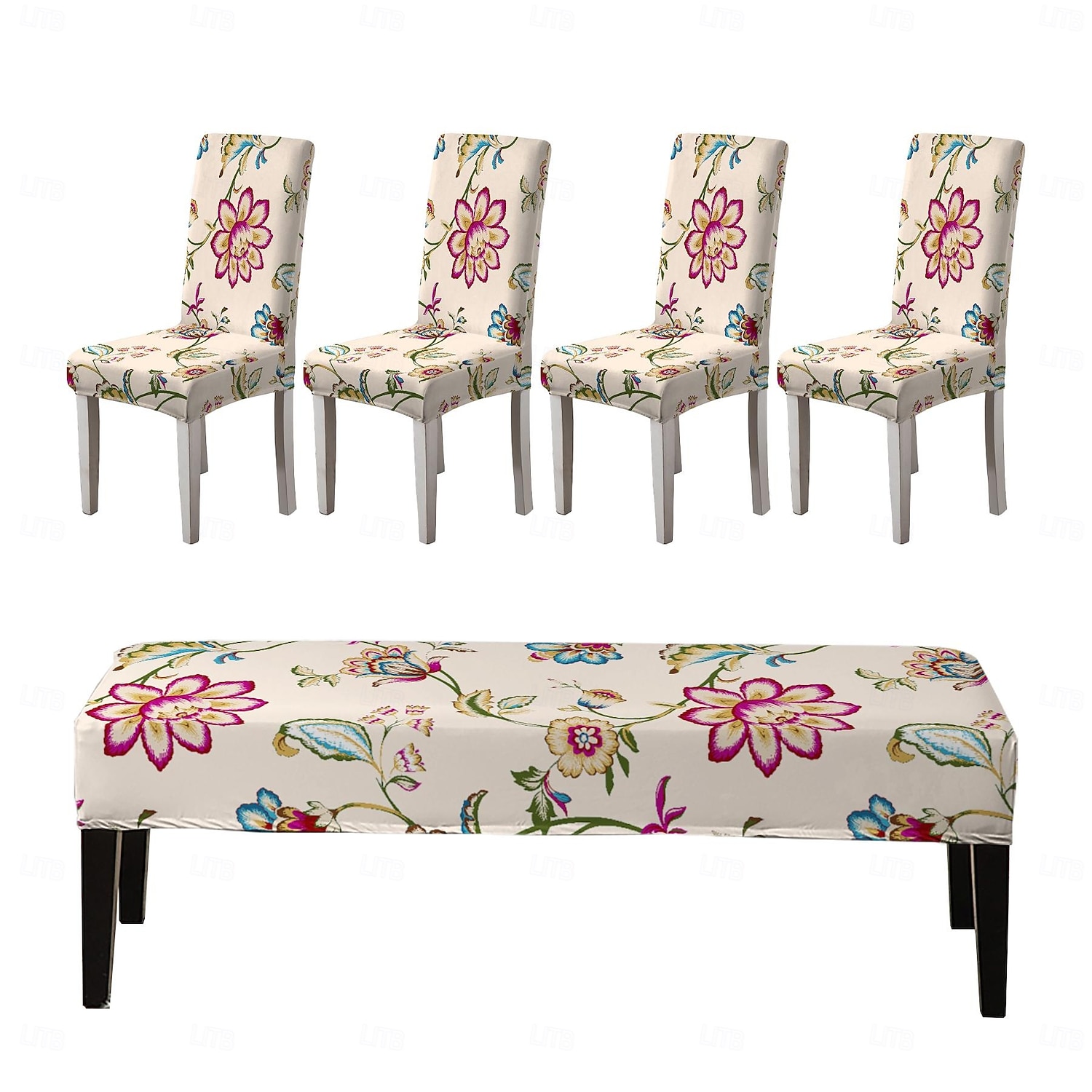 Ensemble de housses de chaise et de banc imprimées adaptées aux chaises de salle à manger comprenant 5 pièces, 4 housses de chaise et 1 housse de banc de 2026 ? $34.99 –P1