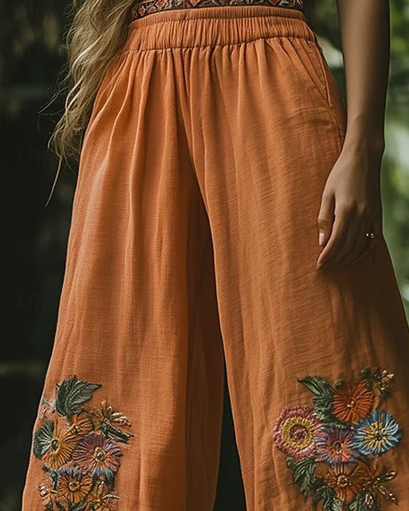 Women's Wide Leg Pants Trousers Palazzo Pants Fashion Boho Full Length High Waist Flower Elastic Waist Print Breathability Comfortable Street Daily Wear Going out Orange Spring Fall Regular Fit 2025 - $32.99 –P2