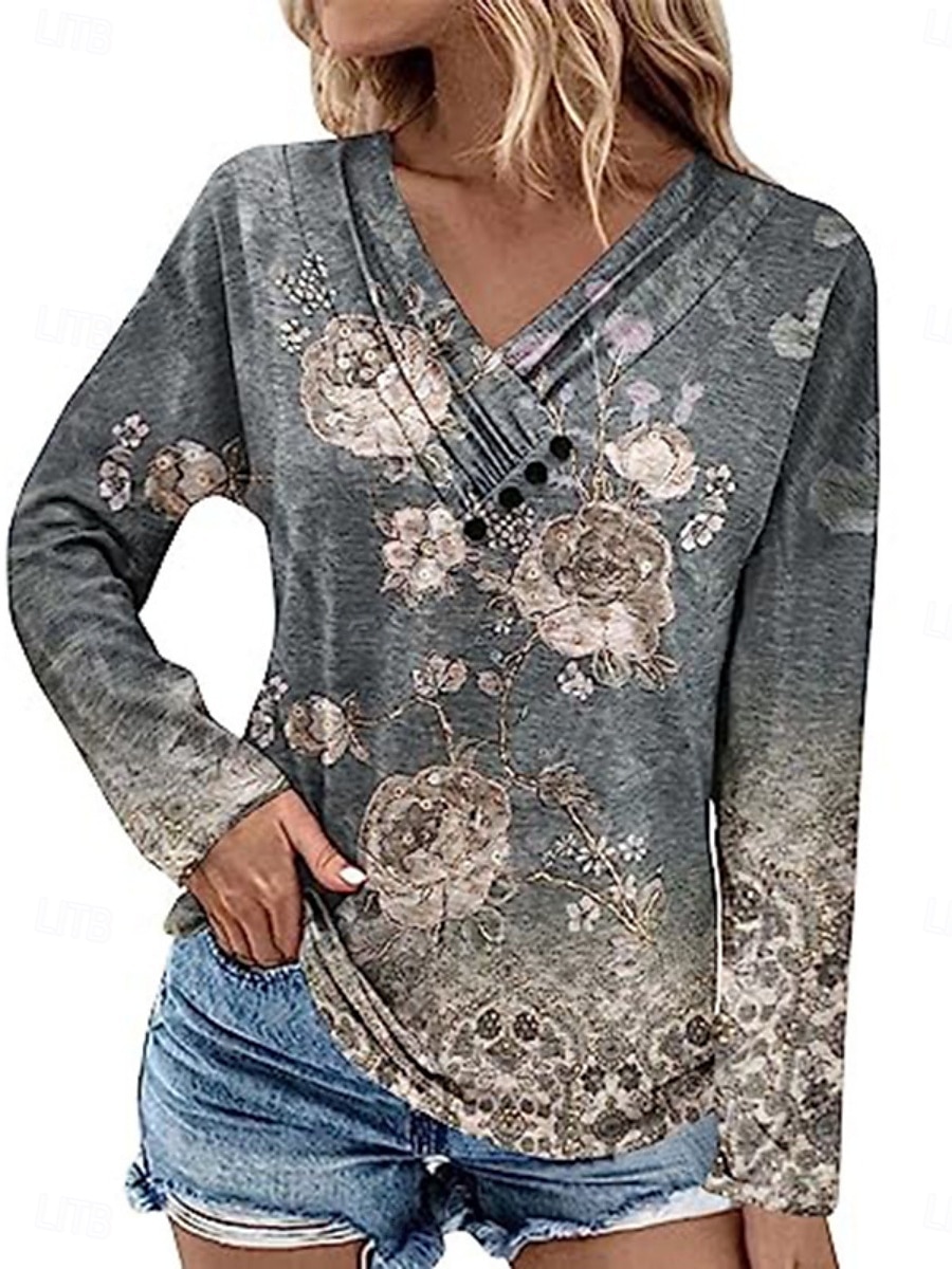Women's Blouse Buttons Print Floral Stylish Modern Long Sleeve V Neck Regular Tops Daily Holiday Light Green Royal Blue Gray Light Blue Summer Spring Fall 2026 - $23.99 –P2