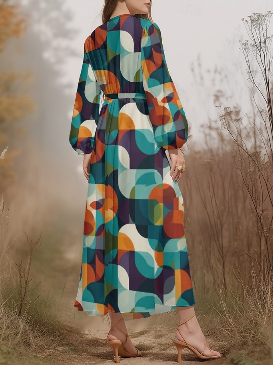 Damen Midikleid Freizeitkleid Chiffon Schwingkleid Modern Urlaub Täglich Wochenende Normale Passform Geometrisch Langarm V Ausschnitt Schwarz Blau Purpur Orange Sommer Frühling Herbst 2025 - $31.99 –P8