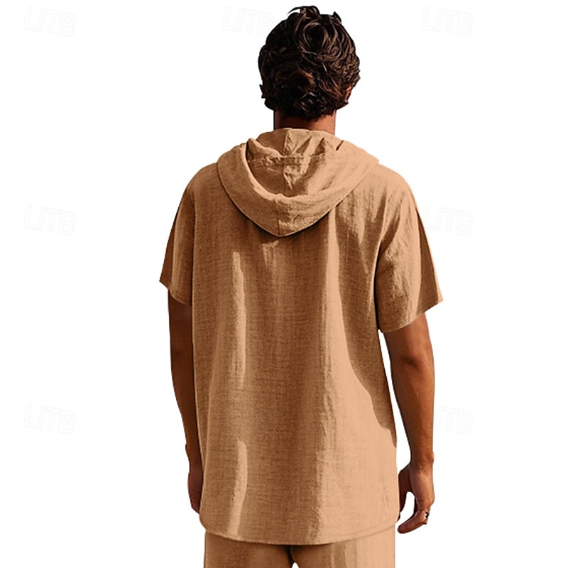 Men's Shirt Linen Shirt Popover Shirt Casual Shirt Cotton Shirt Plain Vacation Street Black White Navy Blue Brown Short Sleeve Hooded Summer Clothing Apparel Lace up 2025 - $22.99 –P2