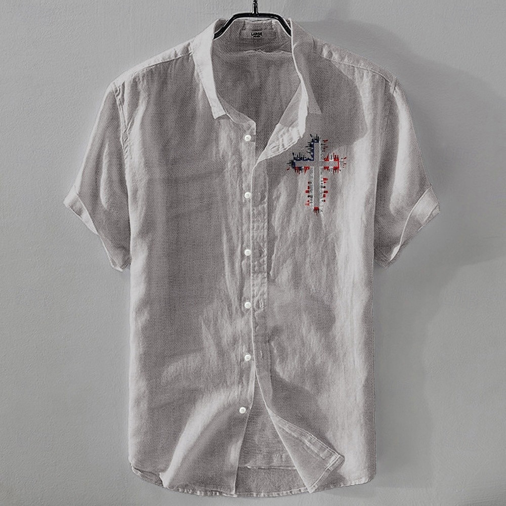 Herren Leinenhemd Freizeithemd Baumwoll-Leinen-Hemd Knopfhemd Muster Urlaub Straße Weiß Dunkelmarine Himmelblau Khaki Kurzarm Revers Sommer Bekleidung Schnalle 2025 - $17.99 –P7