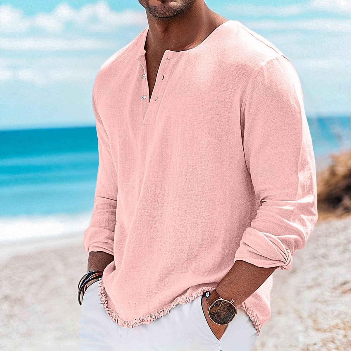 Per uomo Maglia Henley Maglietta Top Henley Maglietta in lino Manica Lunga Tinta unica Semplice Tinta unita Moda Designer Casual Blocco di colore Bottoni Henley All'aperto Casuale Quotidiano Estate del 2025 a $25.99 –P6