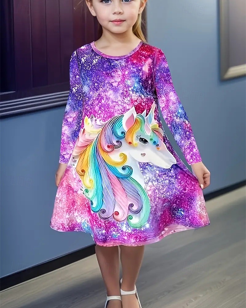 Mädchen' 3D Einhorn Kleid Langarm Sommer Frühling Urlaub Täglich Ferien Prinzessin Schön Süß Kinder 4-12 Jahre Freizeitkleid A Linie Kleid Knielang Normale Passform 2025 - $16.99 –P2