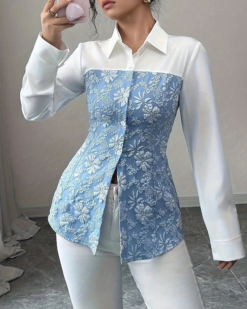 Per donna Camicia Blusa Fiore Elegante Moderno Manica Lunga Colletto a Camicia Top Regolari Ferie Uscire Patchwork Stampato Azzurro cielo Autunno del 2025 a $25.99 –P2