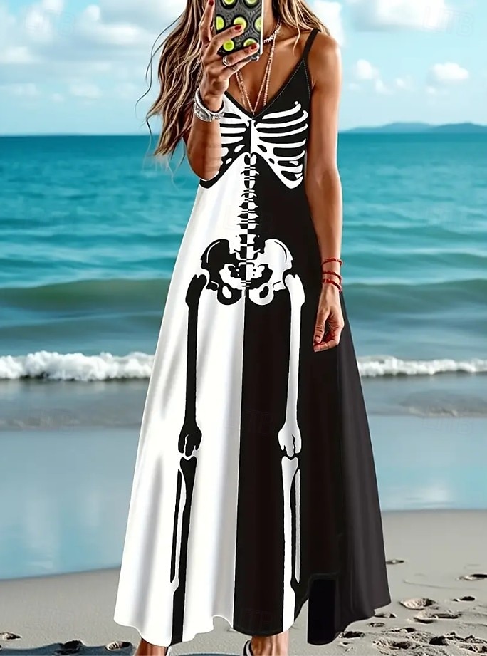 Per donna Abito Midi Vestito Estivo Abito a trapezio Abito Sottoveste Vacanza Casual Vacanza Quotidiano Spiaggia Vestibilità regolare Grafico Foglia Tropicale Senza Maniche Scollo a V Bianco e nero del 2025 a $32.99 –P1
