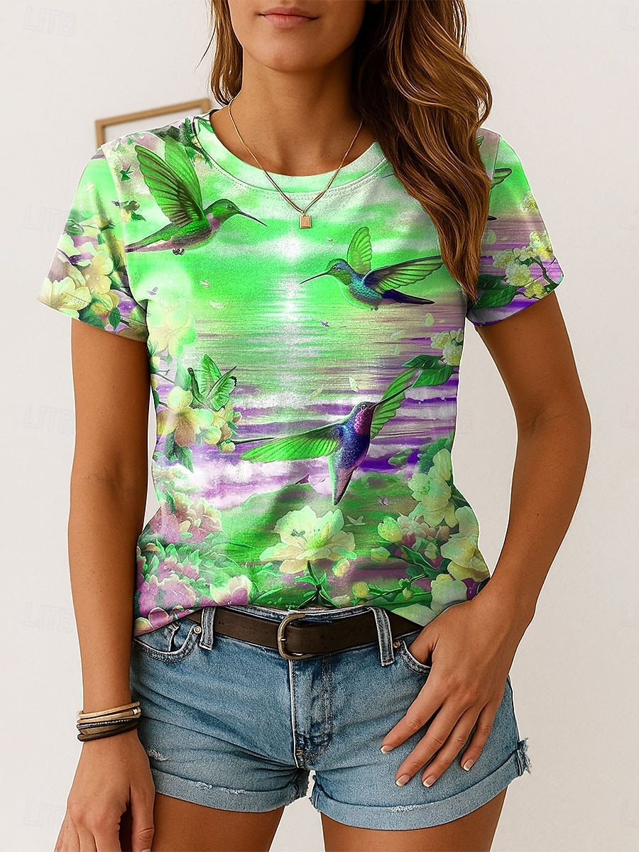 Femmes T-shirt Fleuri Graphique Oiseau ancien Élégant Classique Manche Courte Col ras du cou Col rond Hauts Réguliers Quotidien Week-end Imprimé Jaune Rose Claire Bleu Vert Été Printemps de 2025 ? $19.99 –P3