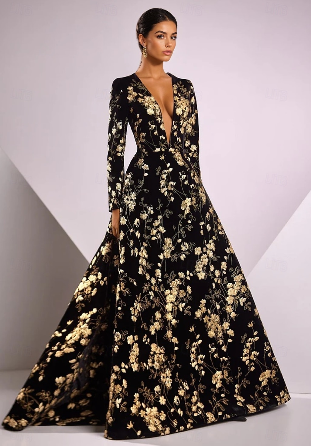 Abito da sera elegante con stampa floreale in oro e cravatta nera, a trapezio, lungo fino al pavimento, manica lunga, scollo a V, tasca in nylon 2025 del 2025 a $165.99 –P3