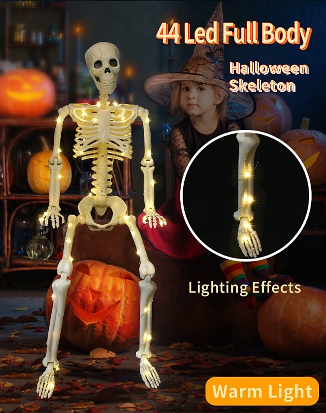 1 Pc 90cm/35inch Halloween luminous skeleton active joint model hanging standing, sitting, lying, warm light AA battery box indoor and outdoor horror and eerie decorative lights 2025 - $23.99 –P10