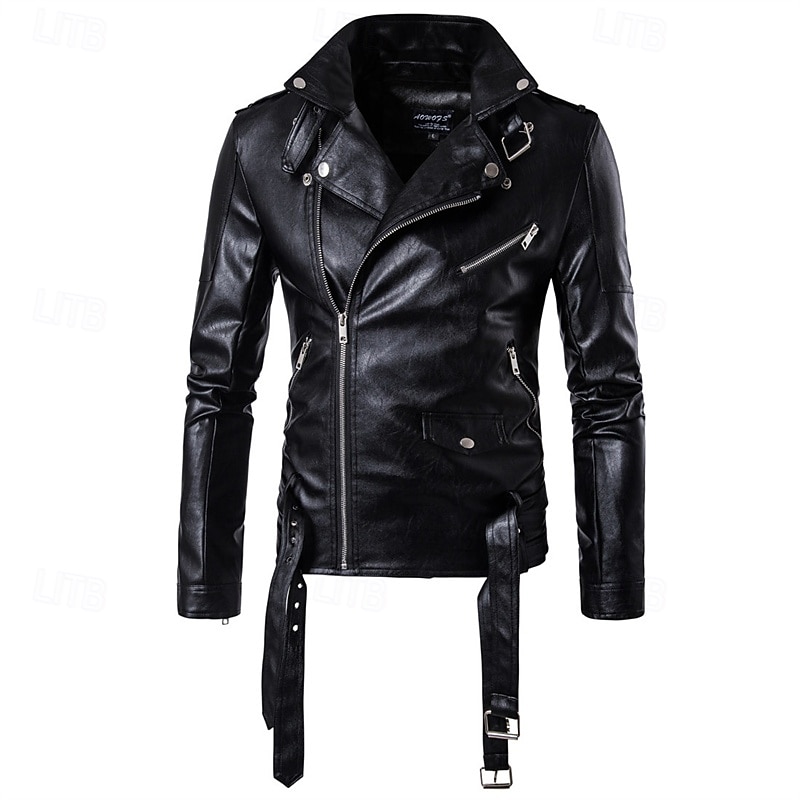 Voor heren Jas van imitatieleer Bikerjack Motorjas Vakantie Dagelijks Winddicht Houd Warm Zak Herfst Winter Effen Modieus Klassiek Revers Normaal Zwart Jacks 2026 - $57.99 –P4