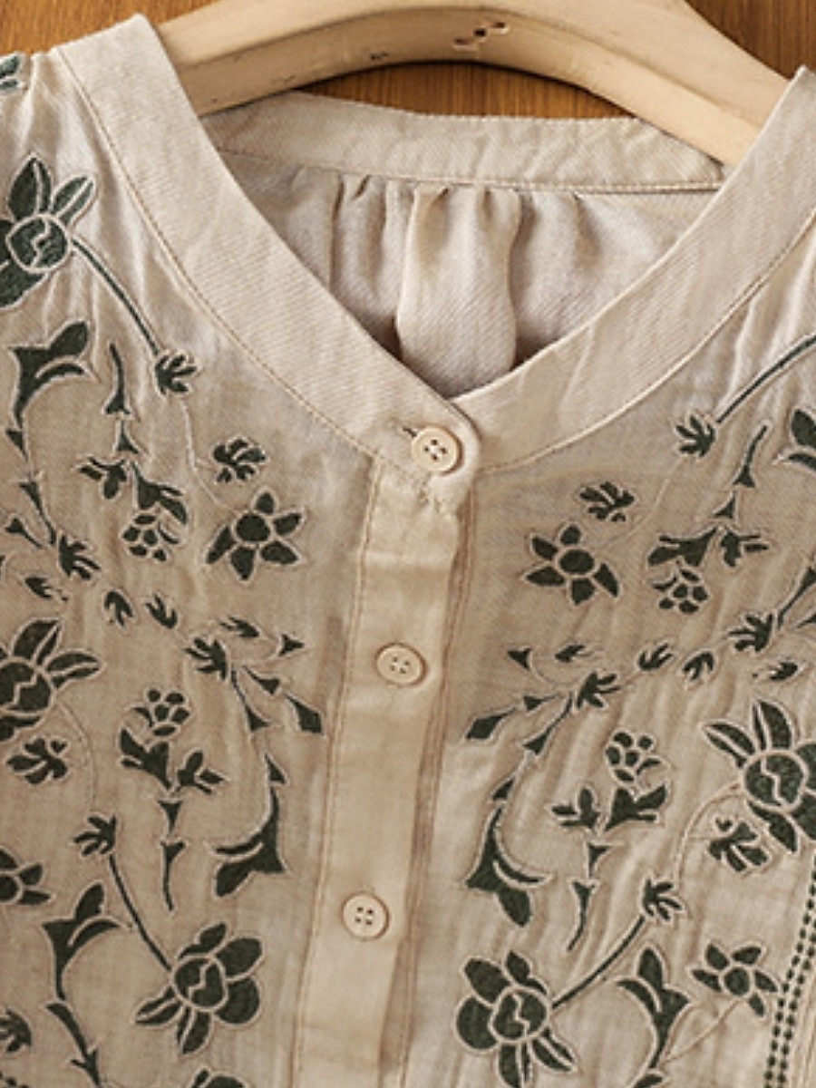 Femmes Chemises en coton et lin Fleuri Bohème Occasionnel Manche 3/4 Col ras du cou Hauts Réguliers Quotidien Broderie Vert Abricot Été Printemps Automne de 2025 ? $34.99 –P4
