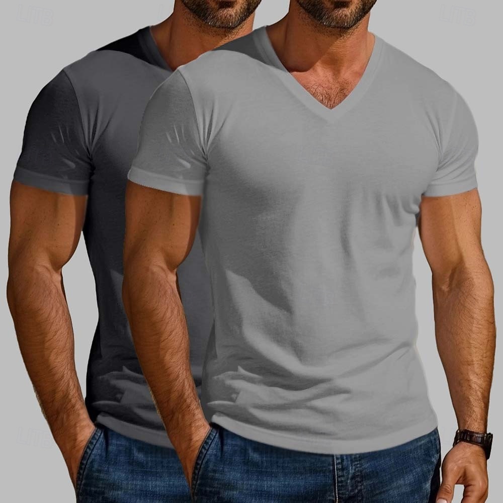 Maglietta da uomo in misto cotone, 2 pezzi, manica corta, scollo a V, estiva, per tutte le stagioni, tinta unita, semplice, stile designer, moderno, contemporaneo, scollo a V, confezione multipla, per vacanze, strada, casual, blu scuro, bianco e blu. del 2026 a $20.99 –P4
