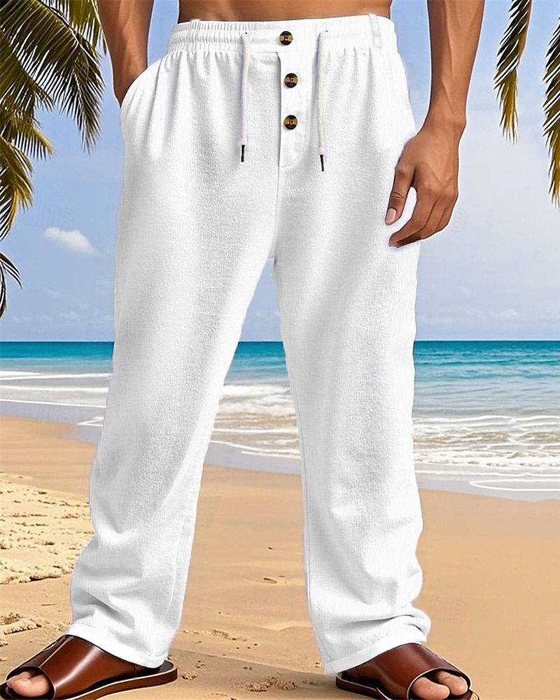 Men's Linen Pants Trousers Summer Pants Beach Pants Pocket Elastic Waist Drawstring Plain Comfort Breathable Vacation Daily Holiday Hawaiian Boho Dark Khaki Black 2025 - $18.99 –P2