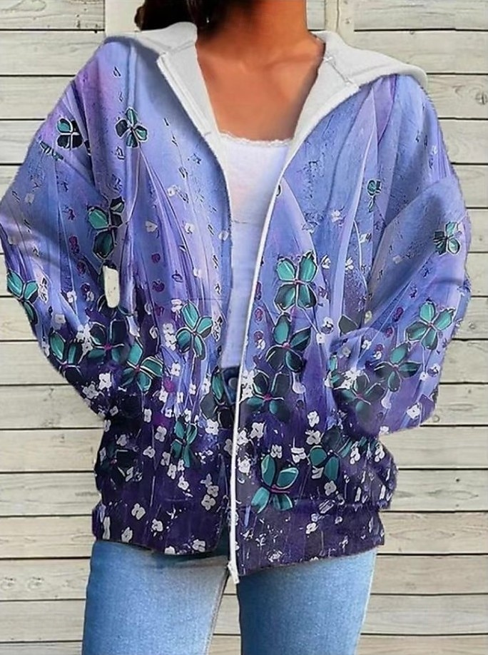 Dame Zipper Hoodie Blomster Grafisk Moteklær Casual Langermet Hette Vanlige Topper Gate Hverdagsbruk Lomme Trykk Hvit Lilla Fuksia Vår Høst 2025 - $27.99 –P7