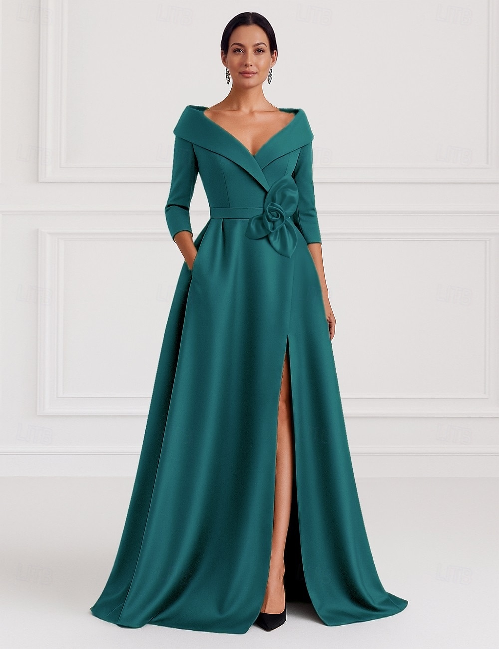 Abito da sera A-Line nero e oro abito elegante invitato al matrimonio lunghezza campagna maniche 3/4 colletto camicia tasca satin elasticizzato con fiore sulla spalla del 2025 a $139.99 –P6