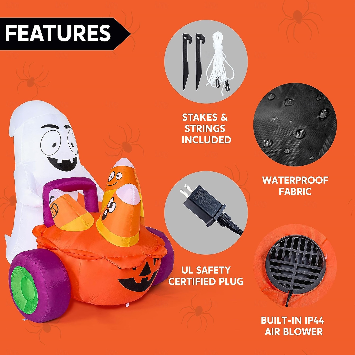 Gonfiabile fantasma di Halloween da 5 piedi che spinge una carrozza di zucche con caramelle, decorazione da giardino gonfiabile con LED integrati per feste di Halloween all'aperto, al chiuso, in del 2025 a $145.99 –P6