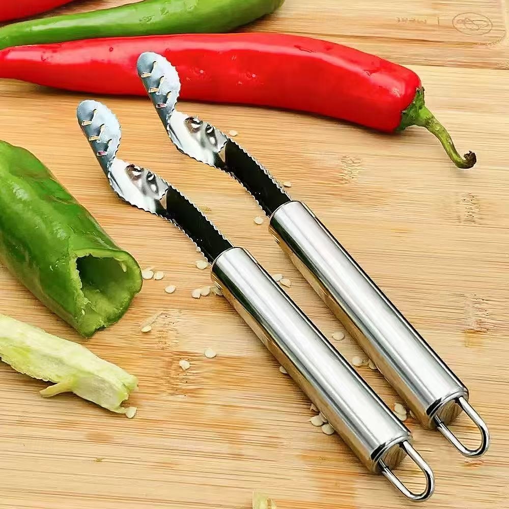 Extractor de semillas de pimiento, 2 unidades, herramienta extractora de corazón de chile de acero inoxidable para pimientos morrones, melón amargo y pimientos verdes, utensilio de cocina fácil para 2025 - $6.99 –P6