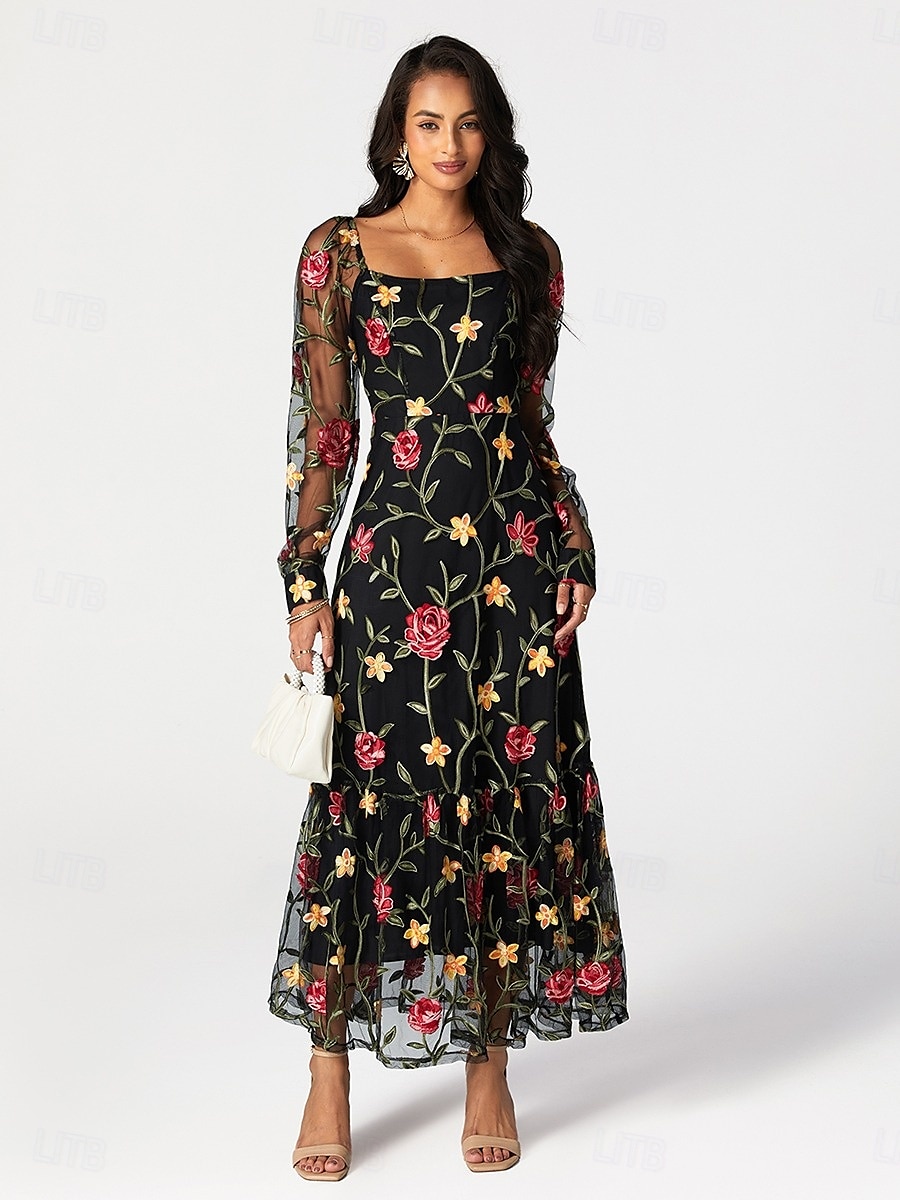 A-Linie Brautmutterkleid Elegant Schwarzes Kleid Durchsichtig Quadrathals Knöchellänge Tüll Langarm mit Rüschen Stickerei 2025 2025 - $119.99 –P1