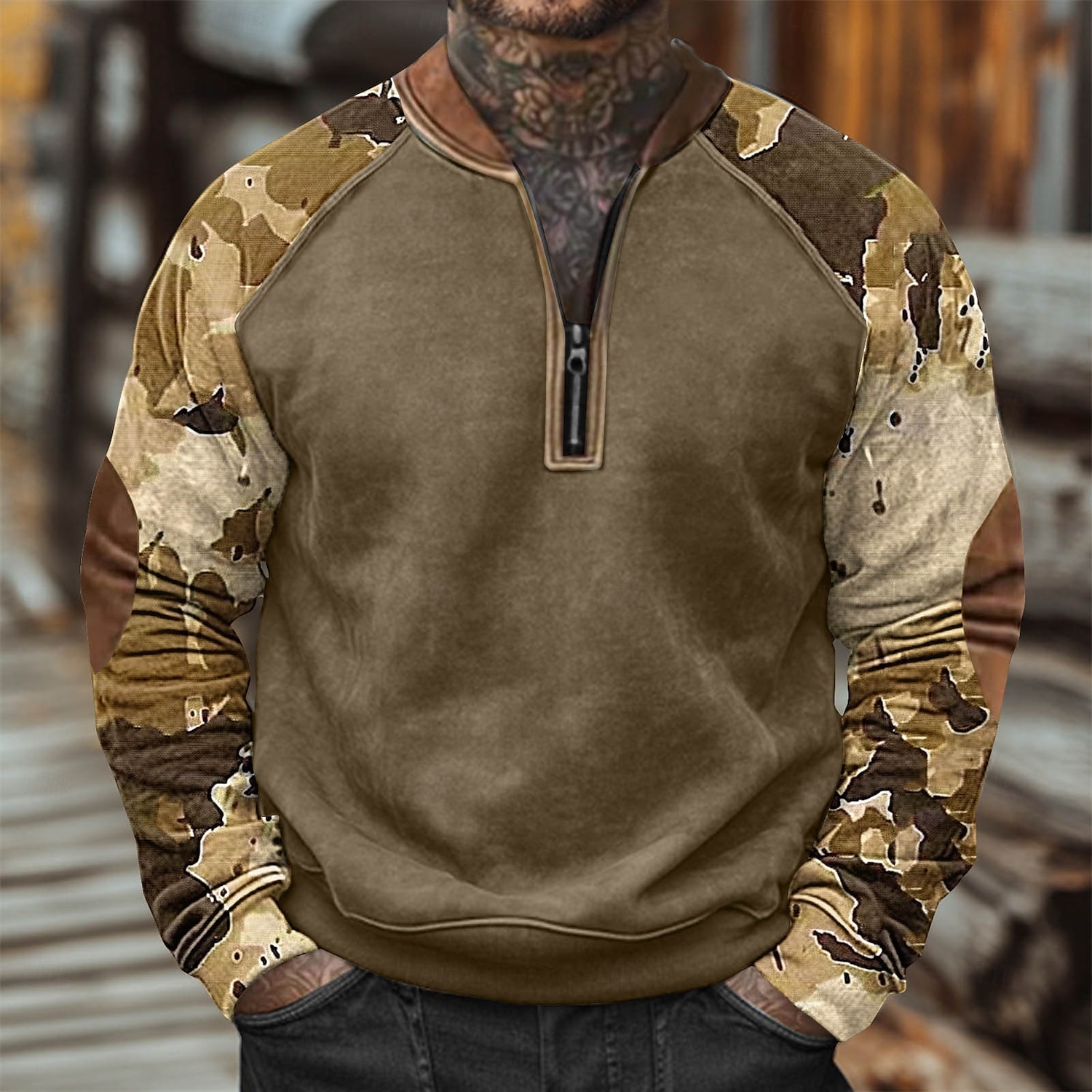 Men's Sweatshirt Quarter Zip Sweatshirt White Army Green Orange Brown Brown 2 Half Zip Color Block Camo / Camouflage Half Zip Print Casual Daily Holiday Polyester Vintage Streetwear Casual Fall Winter 2025 - $24.99 –P5