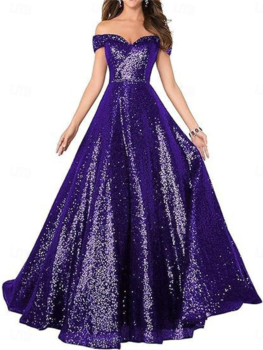 A-Line Evening Gown Elegant Dress Formal Performance Floor Length Short Sleeve Off Shoulder Sequined Backless with Pleats 2025 - $129.99 –P14