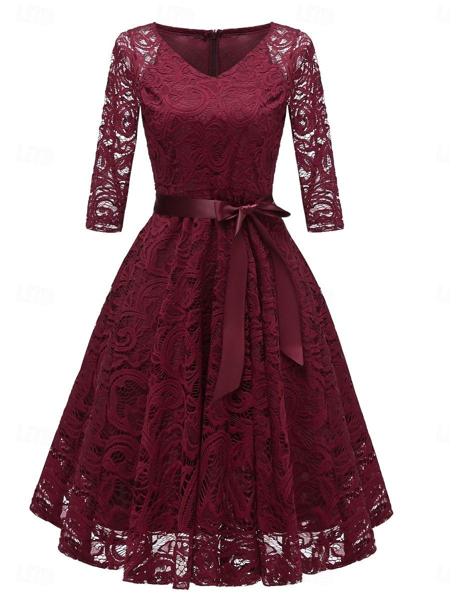 Per donna Abito Midi Abito in Pizzo Abito da Cocktail Abito da invitata a nozze Chiffon Elegante Moda Moderno All'aperto Cocktail party Vestibilità regolare Semplice Manica 3/4 Scollo a V Rosa Vino del 2025 a $31.99 –P1