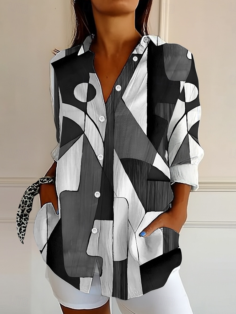 Damen Hemd Knopfverschluss Tunika Hemd Kragen Langarm Grafik Geometrisch Abstrakt Vintage Alltag Stilvoll Regular Tops Arbeit Alltag Feiertag s Print Schwarz und Weiß Pink Blau Lila Grün Frühling 2025 - $33.99 –P1