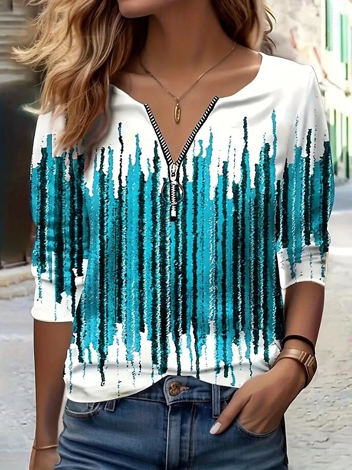 Femmes T-shirt Graphique Géométrique Abstrait ancien Mode Moderne manche longue Col en V Hauts Réguliers Quotidien Week-end Fermeture éclair Imprimé Bleu Violet Vert Printemps Automne de 2025 ? $27.99 –P3