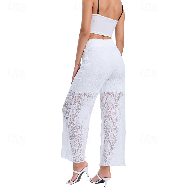Femmes Jambe large Slacks Streetwear Occasionnel Longueur complète Naturel Uni Dentelle Patchwork Taille Élastique Confortable Fête Sortir Vert translucide Noir Blanche Bleu de minuit Automne Coupe de 2025 ? $16.99 –P15