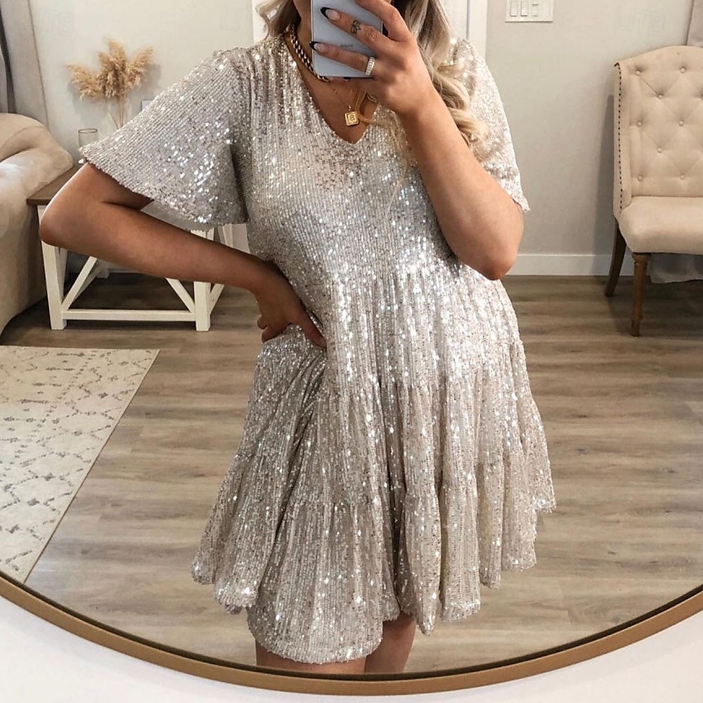 Per donna Mini Abito Abito con Paillettes Abito da Cocktail Moda Moderno Festa serale Cocktail party Vestibilità regolare Semplice Manica Corta Girocollo Argento Grigio nero Nero Bianco Estate del 2025 a $27.99 –P13
