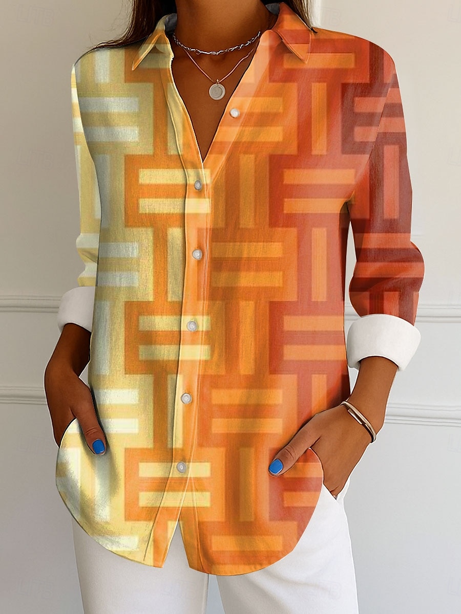 Camicia da donna manica lunga blusa abbottonata grafico geometrico a righe vintage tropicale camicia regolare top lavoro quotidiano stampa blu viola arancione marrone estate primavera del 2025 a $32.99 –P1