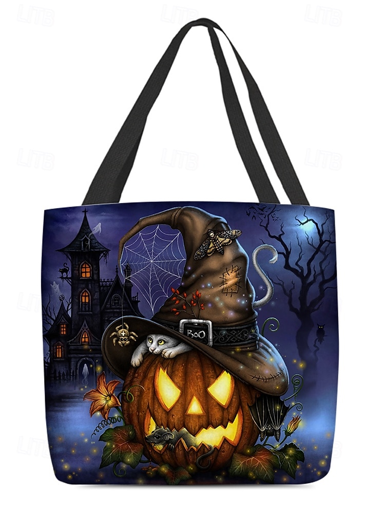 Sac fourre-tout pour femme imprimé citrouille et chat d'Halloween par Sarah Richter – grand sac à bandoulière réutilisable en polyester avec poche zippée pour les achats et les fêtes de fin d'année de 2025 ? $14.99 –P10