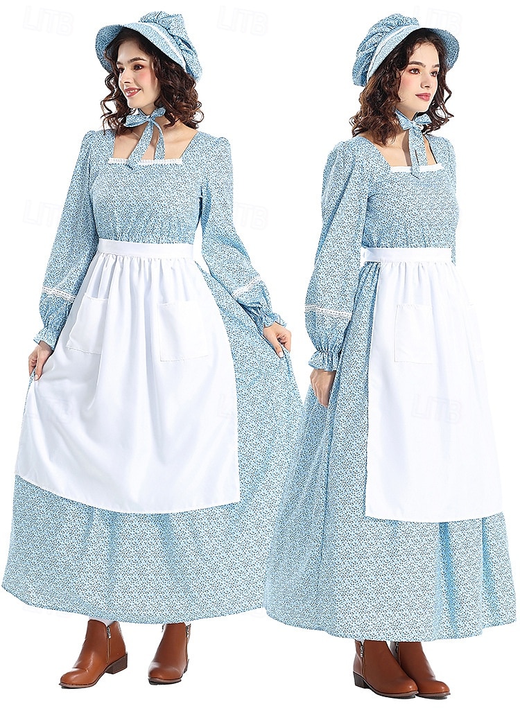 19° secolo anni 1800 Vecchio West Costume Cosplay Abito da prateria Set cuffia e grembiule Pioniere Floreale Per donna Halloween Carnevale Giornata mondiale del libro Vestiti per eventi scolastici del 2025 a $51.99 –P6