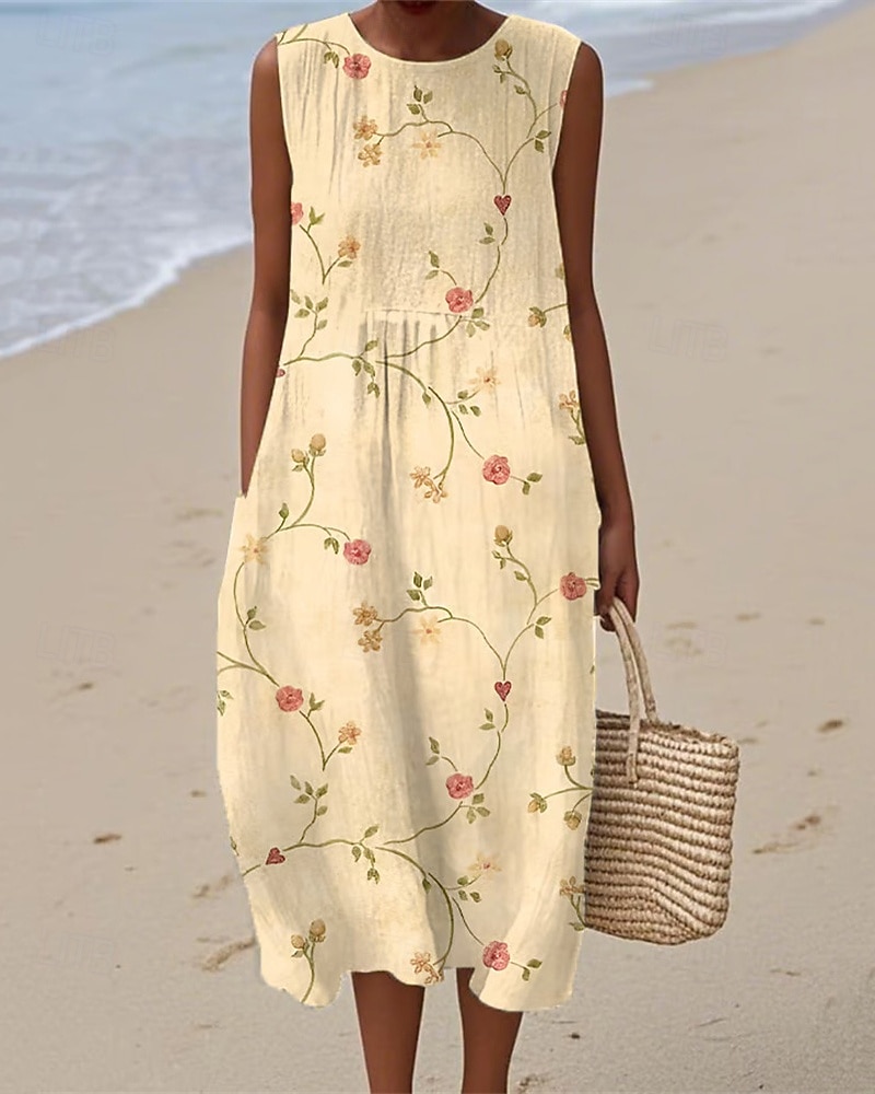 Women's Midi Dress Casual Dress Summer Dress Fashion Modern Daily Beach Weekend Regular Fit Flower Sleeveless Crew Neck White Yellow Fall 2026 - $25.99 –P4