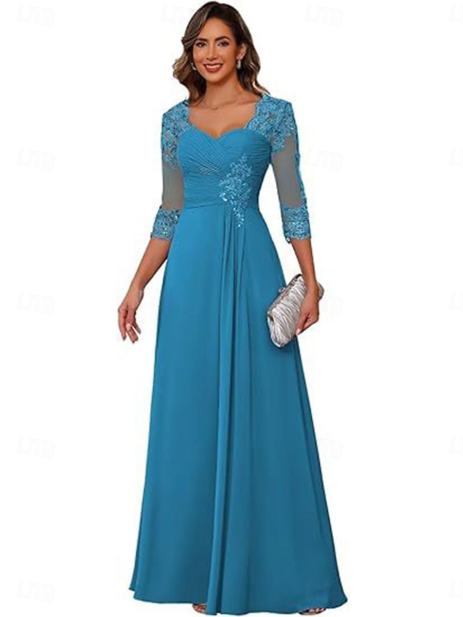 A-linje Kjole til brudens mor Elegant Enkel V-hals Gulvlengde Chiffon 3/4 ermer med Ensfarget 2025 2025 - $119.99 –P10