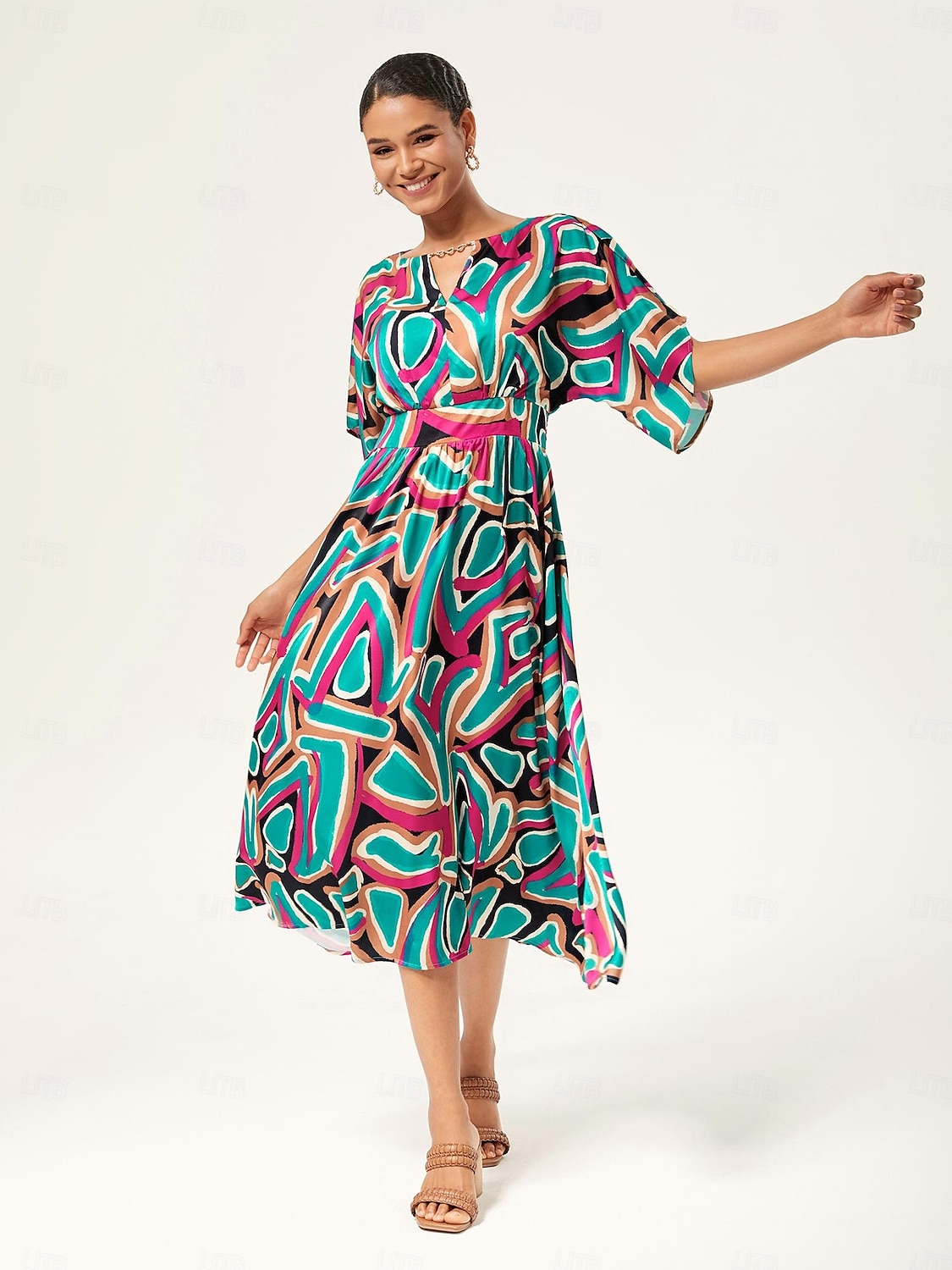 robe longue cintrée à manches chauve-souris abstraites et colorées de 2025 ? $71.99 –P3
