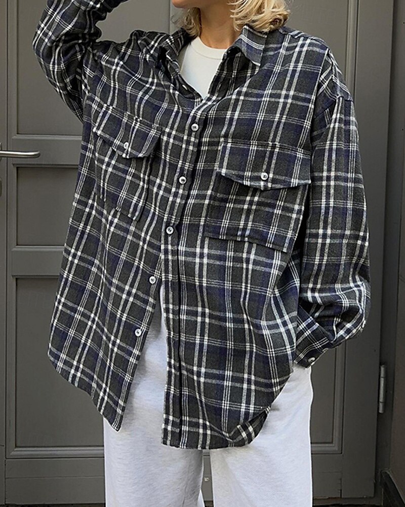 Femmes Chemise Plaid Quotidien Élégant Basique manche longue Col de chemise Hauts Réguliers Travail Quotidien Fête Boutons Vert Véronèse bleu marine Marron Printemps Automne de 2025 ? $31.99 –P5