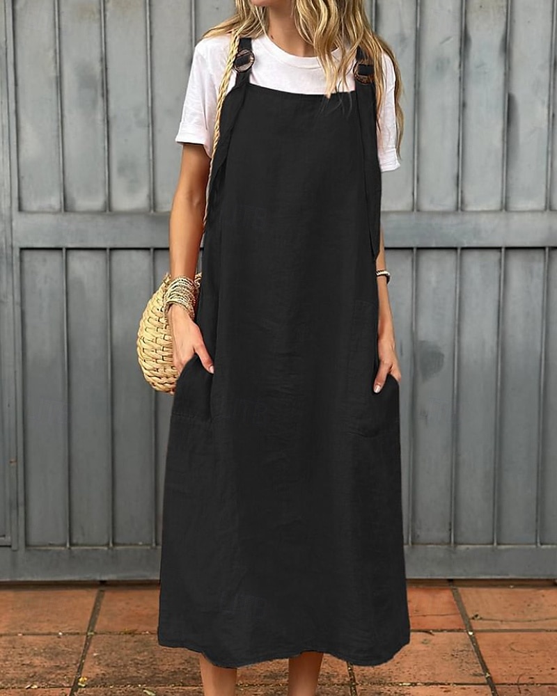 Per donna Abito Midi Abito in cotone e lino Abito Sottoveste Classico Moderno Vacanza Ferie Weekend Vestibilità regolare Semplice Senza Maniche Collo quadrato Nero Bianco Giallo Rosso Estate del 2025 a $25.99 –P5