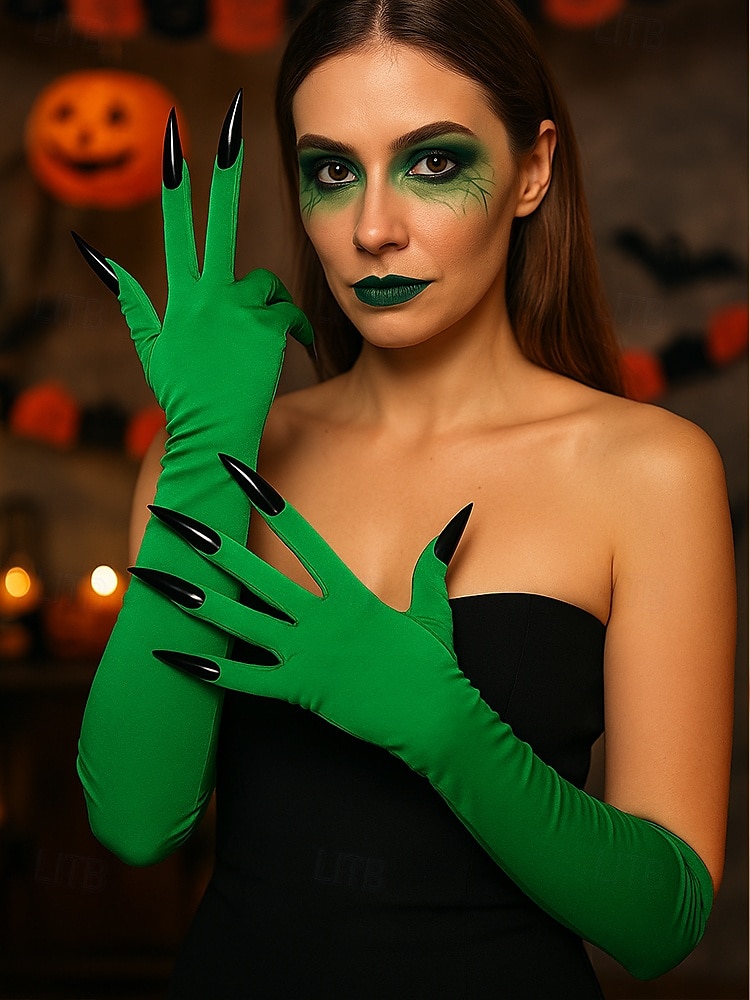 Lange Halloween-Krallenhandschuhe für Damen – Kunstnageldesign, dehnbares Polyester, gruseliges Cosplay-Kostümzubehör für Partys und Veranstaltungen 2025 - $9.99 –P1
