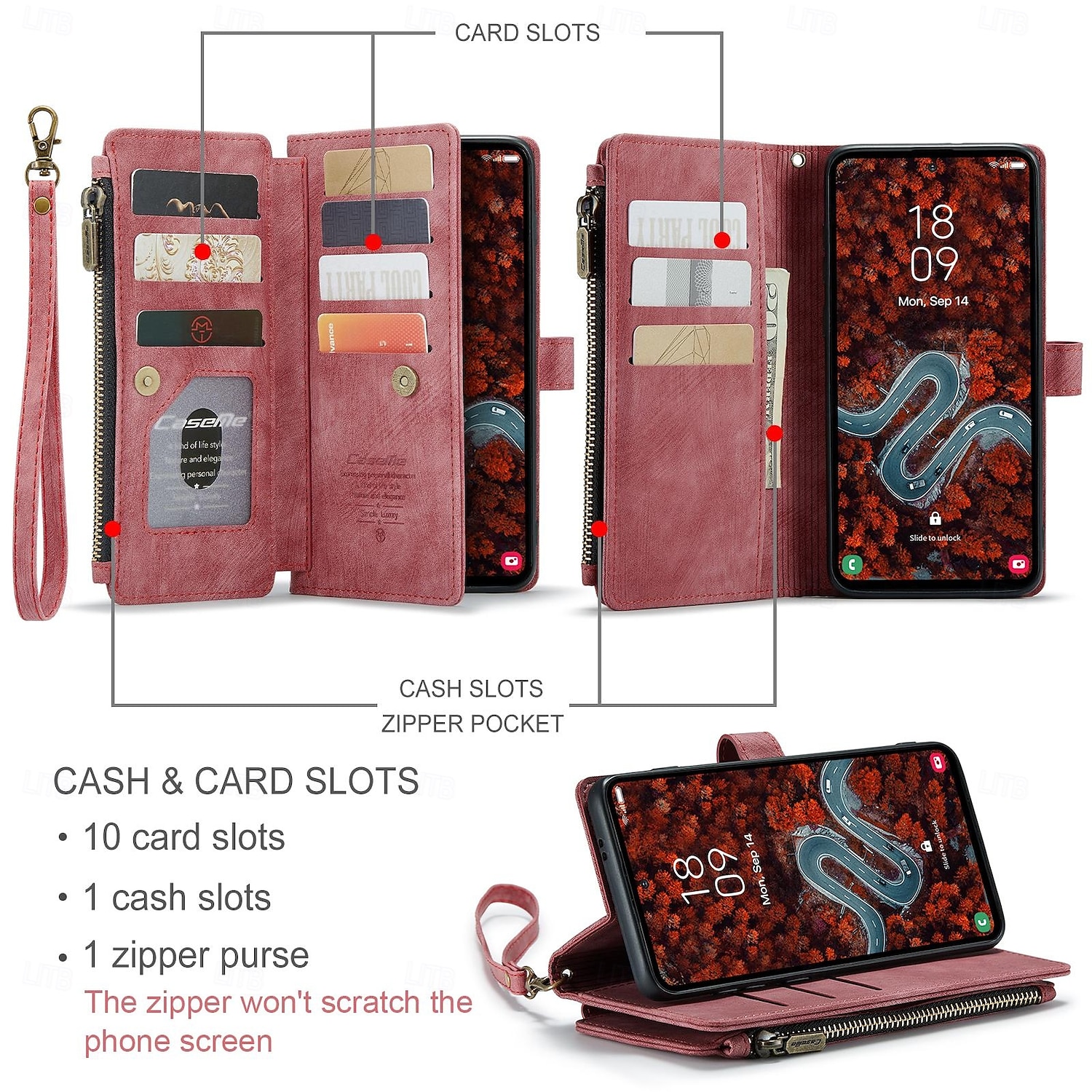 Case with Wrist Strap CASEME C30 Samsung Series Zip Multi-Card Pouch PU Leather Case 2025 - $17.99 –P8