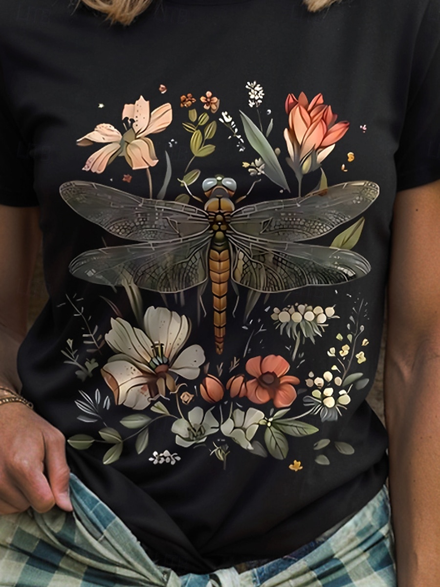 Femmes T-shirt Fleuri Graphique Libellule ancien Élégant Classique Manche Courte Col ras du cou Col rond Hauts Réguliers Quotidien Week-end Imprimé Noir Blanche Jaune Rose Claire Rouge Été Printemps de 2025 ? $19.99 –P5