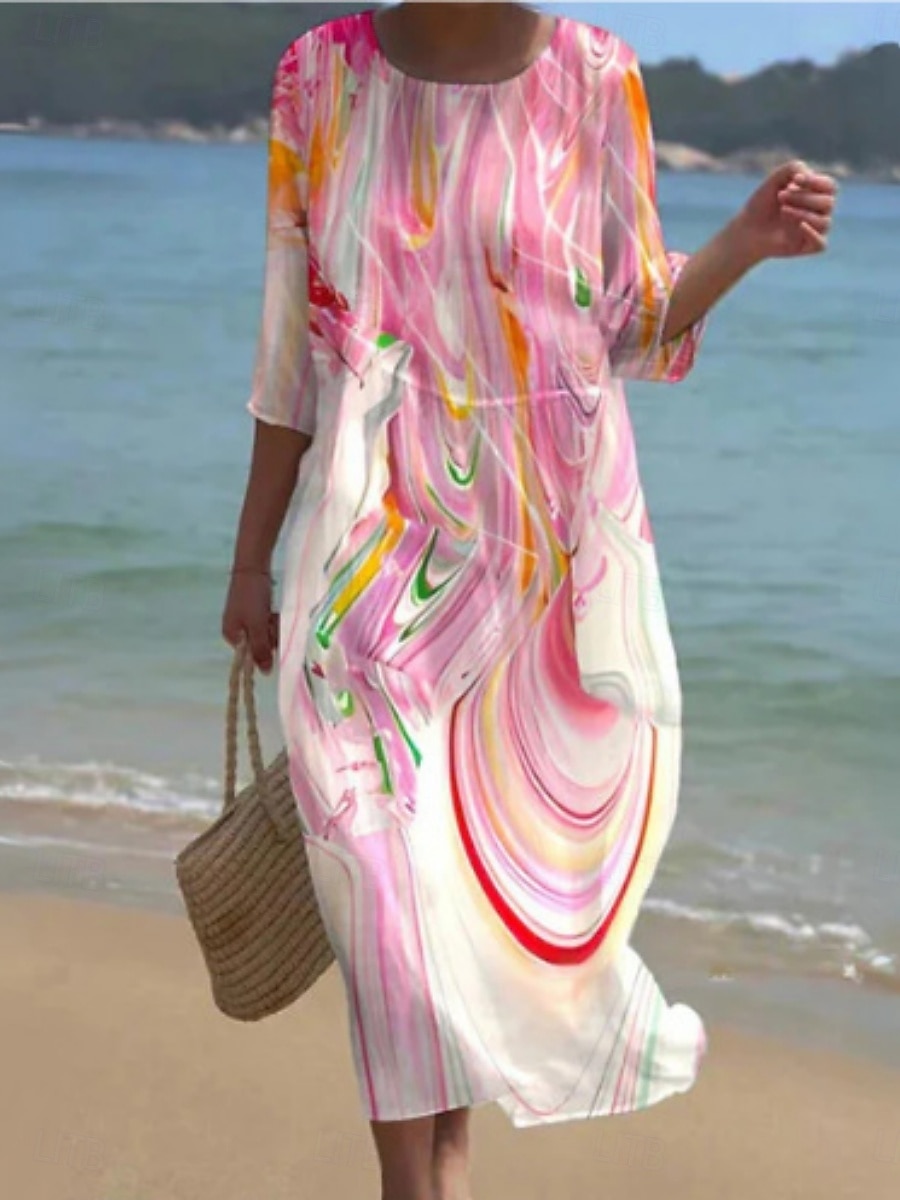 Women's Midi Dress Casual Dress Print Dress Fashion Modern Daily Beach Weekend Regular Fit Floral 3/4 Length Sleeve Crew Neck White Pink Green Spring Fall Autumn 2026 - $34.99 –P2