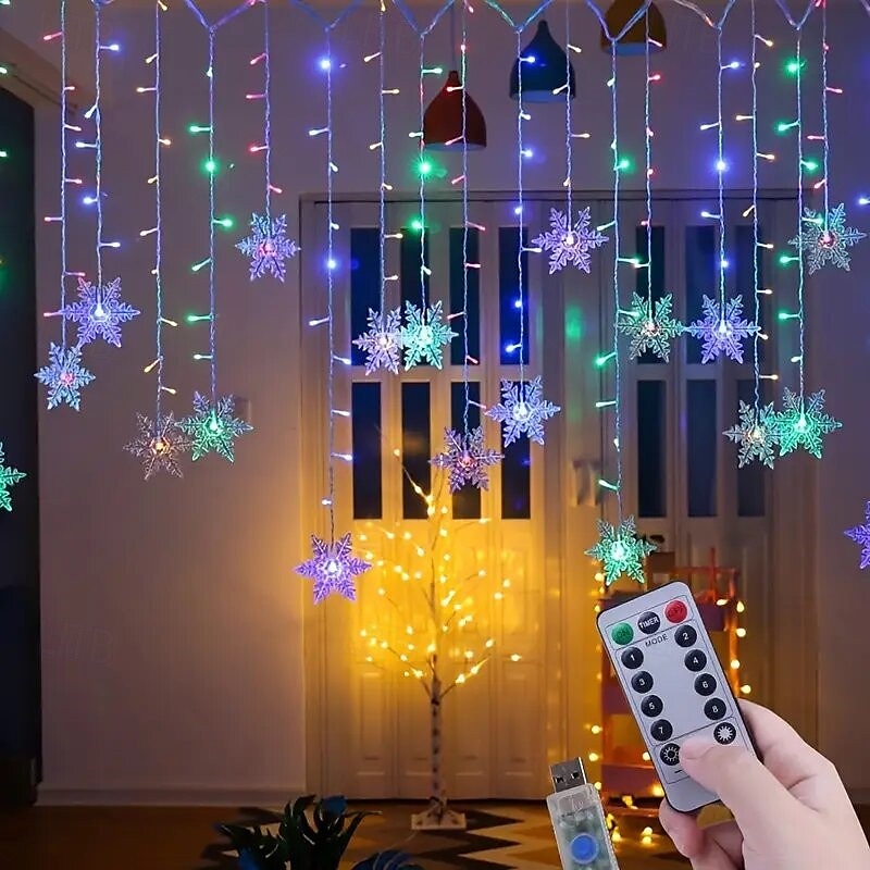 Rideau lumineux flocon de neige glaçon 4 m 90 LED avec alimentation USB et 18 flocons de neige acryliques, 8 modes, télécommande, décoration de Noël, 1 x de 2025 ? $46.99 –P3