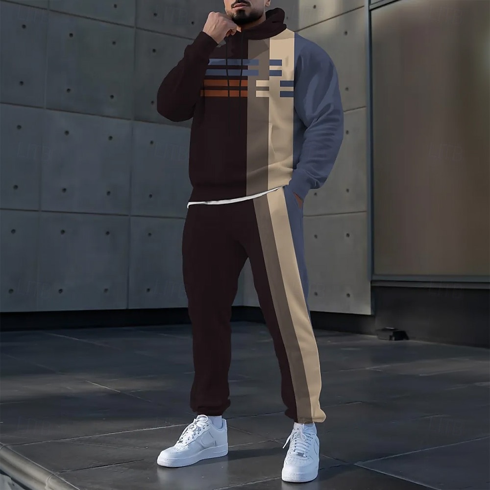 Men's Color Block 2pcs 3D Sweatshirt Sets Tracksuit Hoodie Sweatshirt Long Sleeve Long pants Hooded Sporty Casual Daily Athleisure 3D Print Spring Fall Winter Brown 2026 - $41.99 –P1