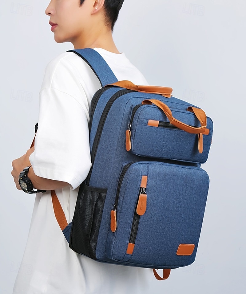 Sac à dos bleu pour ordinateur portable avec port USB – Sac de voyage et d'école à compartiments multiples avec accents en cuir et poche pour bouteille d'eau de 2025 ? GBP £24 –P6