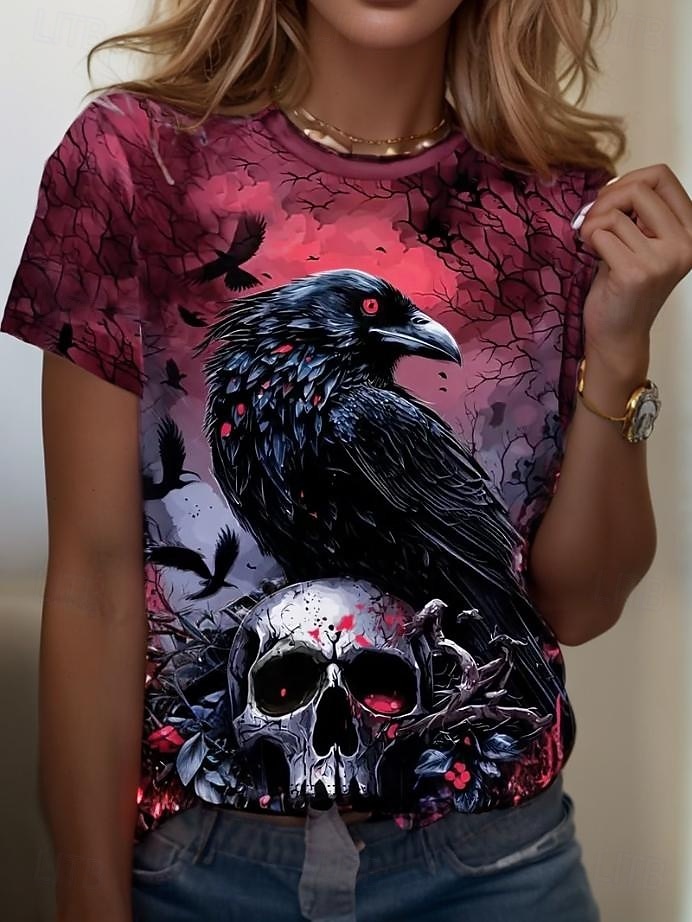 Camiseta Feminina de Halloween Gráfica Abóbora Floral Estampa de Caveira Vintage Estilosa Clássica Manga Curta Gola Redonda Tamanhos Regulares Impressão Diária Fim de Semana Preto Branco Vermelho de 2026 por $22.99 –P9