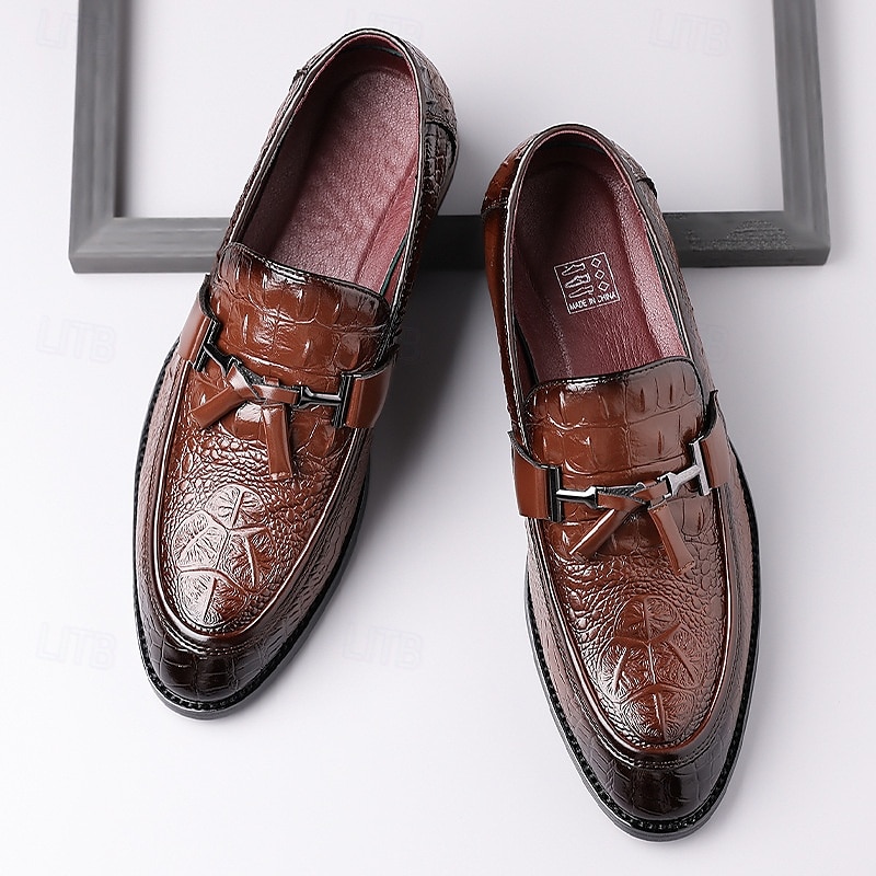 Miesten ruskeat krokotiilikuvioiset keinonahkaiset tupsukoristeiset loaferit – kiiltävät slip-on-pukukengät varttuneemmille herrasmiehille, liikelounaille ja virallisiin tilaisuuksiin 2025 - $46.99 –P3
