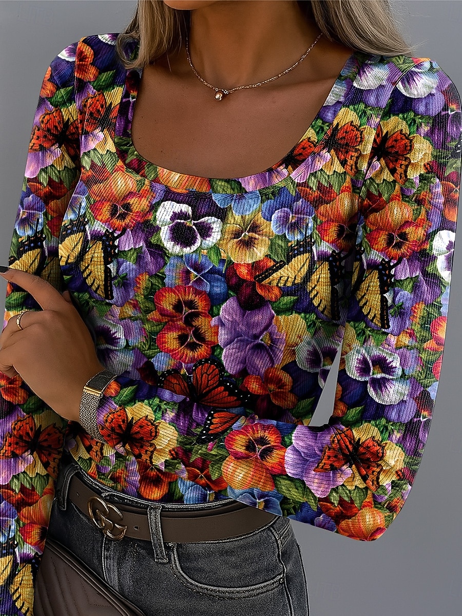 Camiseta para mujer de manga larga con gráfico de cuello cuadrado túnica de manga larga casual floral plantas vintage estilosa top regular wear diario estampado en negro blanco amarillo verde claro 2026 - $26.99 –P6
