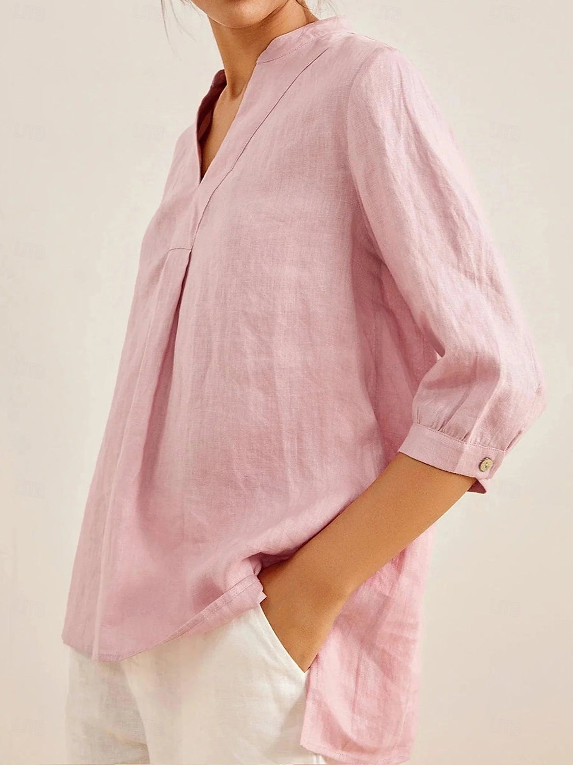 Dame Bluse Helfarge Elegant Fritid Langermet V-hals Vanlige topper Daglig Ferie Knapper Hvit Rosa Blå Kakifarget Vår Høst 2025 - $26.99 –P4