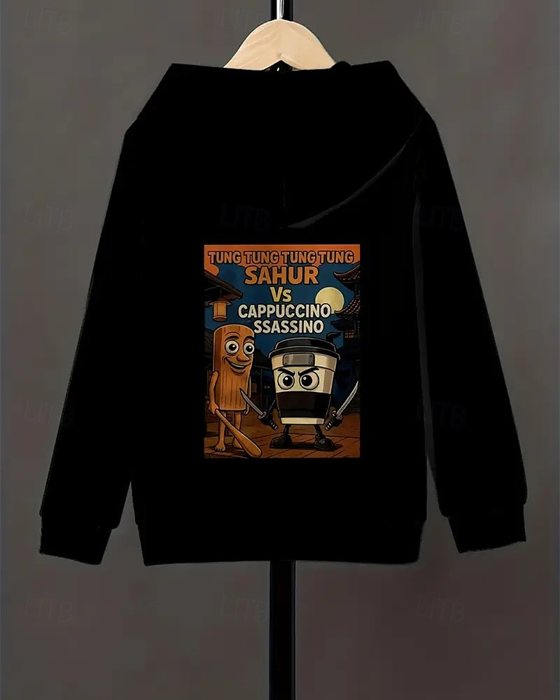 Moletom com capuz masculino de manga comprida com estampa italiana de podridão cerebral, elemento tung tung tung sahur, moda urbana primavera outono, crianças de 4 a 12 anos, com capuz, casual para de 2025 por $18.99 –P3